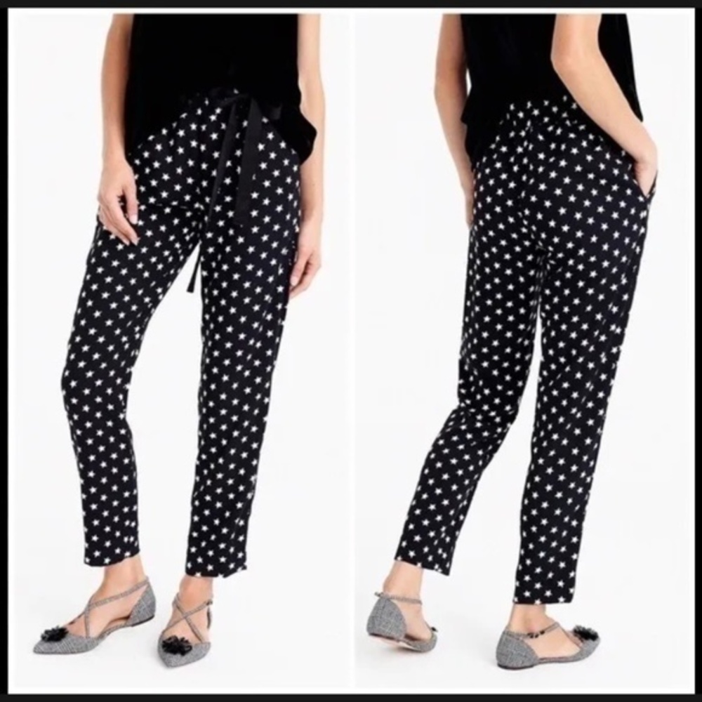 🦩🍕🪻J. Crew Tie-waist Pants in Star-printed Crepe black white size 4 CLOSEOUT